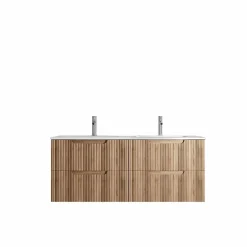 Aurlane Meuble de Salle de Bains LEON 120cm Décor Bois - 4 Tiroirs en MDF Ondulés - Vasque à encastrer