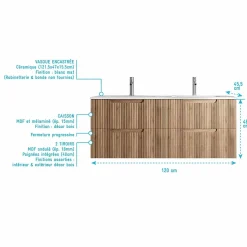 Aurlane Meuble de Salle de Bains LEON 120cm Décor Bois - 4 Tiroirs en MDF Ondulés - Vasque à encastrer