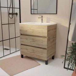 Aurlane Meuble de salle de bains 70 cm TIMBER - Décor Chêne Naturel 3 tiroirs avec Vasque blanche