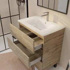 Aurlane Meuble de salle de bains 70 cm TIMBER - Décor Chêne Naturel 3 tiroirs avec Vasque blanche