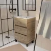 Aurlane Meuble de salle de bains 50 cm TIMBER - Décor Chêne Naturel 3 tiroirs avec Vasque blanche