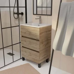 Aurlane Meuble de salle de bains 50 cm TIMBER - Décor Chêne Naturel 3 tiroirs avec Vasque blanche