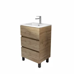 Aurlane Meuble de salle de bains 50 cm TIMBER - Décor Chêne Naturel 3 tiroirs avec Vasque blanche