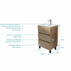 Aurlane Meuble de salle de bains 50 cm TIMBER - Décor Chêne Naturel 3 tiroirs avec Vasque blanche