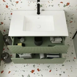 Aurlane Meuble de Salle de Bains LEON 80cm Vert Olive - 2 Tiroirs en MDF Ondulés - Vasque à encastrer* Ensemble Meuble De Salle De Bains