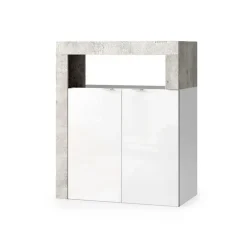Meublorama Meuble de salle de bains BURA 2 portes, 2 étagères Blanc brillant laqué et gris aspect béton* Meuble De Salle De Bains Faible Profondeur