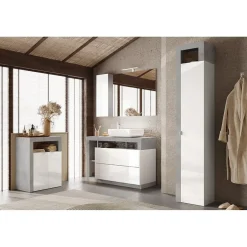 Meublorama Meuble de salle de bains BURA 2 portes, 2 étagères Blanc brillant laqué et gris aspect béton* Meuble De Salle De Bains Faible Profondeur