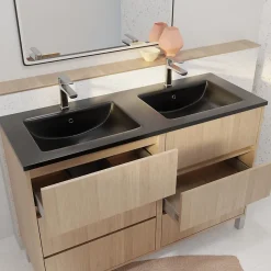 Aurlane Meuble de salle de bains 120 cm 6 Tiroirs Chêne Clair + Vasque Double Céramique Noire - XENOS* Meuble Vasque