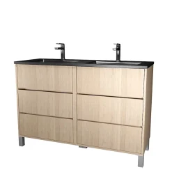 Aurlane Meuble de salle de bains 120 cm 6 Tiroirs Chêne Clair + Vasque Double Céramique Noire - XENOS* Meuble Vasque