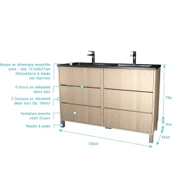 Aurlane Meuble de salle de bains 120 cm 6 Tiroirs Chêne Clair + Vasque Double Céramique Noire - XENOS* Meuble Vasque