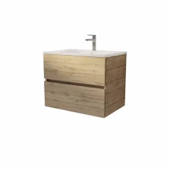 Aurlane Meuble de salle de bains suspendu 70 cm TIMBER - Décor Chêne Naturel 2 tiroirs avec Vasque blanche
