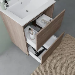 Kiamami Valentina Meuble De Salle De Bains Au Sol 60Cm Avec 2 Tiroirs En Chêne Naturel Effet Bois Avec Lavabo Et Miroir 60X80 - Laguna* Ensemble Meuble De Salle De Bains