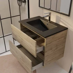Aurlane Meuble de salle de bains suspendu 70 cm TIMBER - Décor Chêne Naturel 2 tiroirs avec Vasque noire* Meuble Vasque