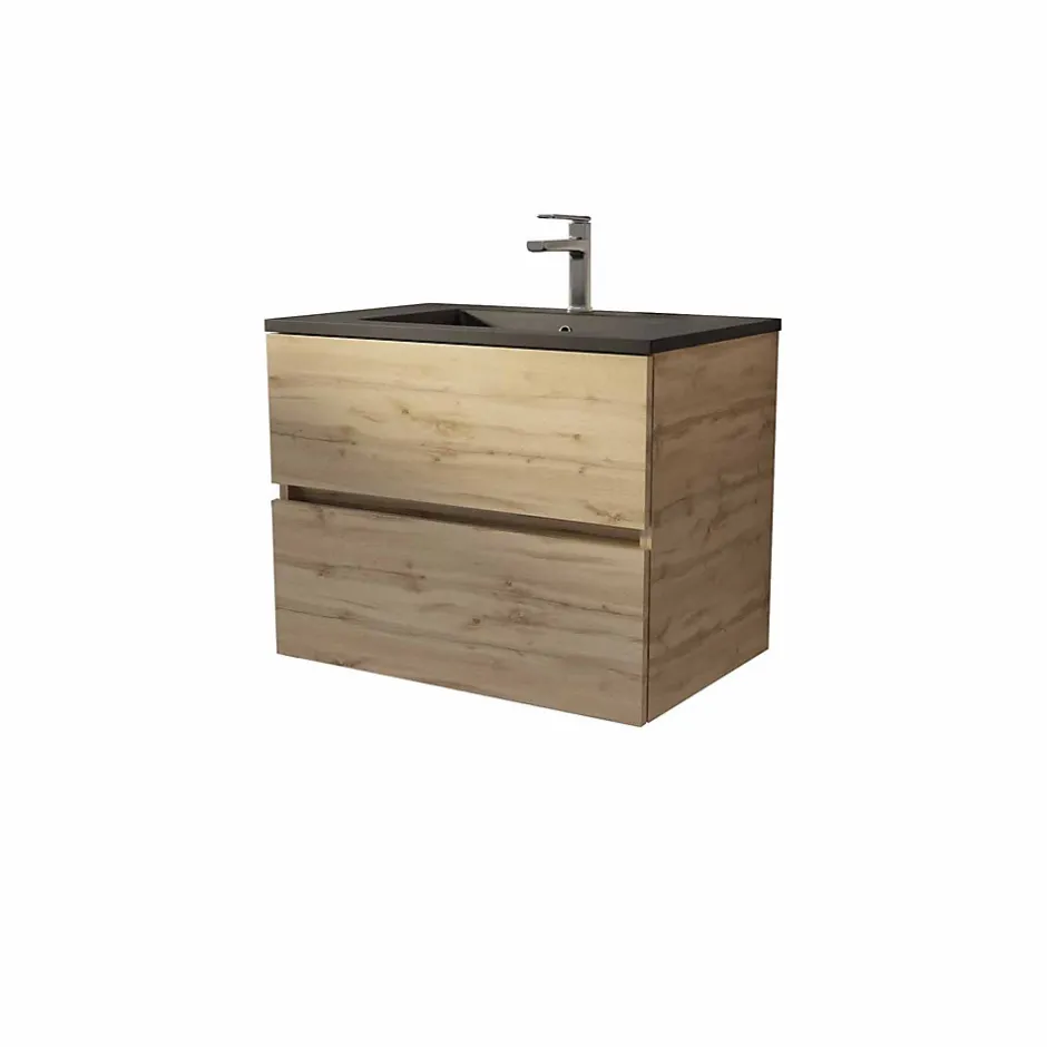 Aurlane Meuble de salle de bains suspendu 70 cm TIMBER - Décor Chêne Naturel 2 tiroirs avec Vasque noire* Meuble Vasque