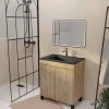 Aurlane Meuble de salle de bains 70cm TIMBER Décor Chêne Naturel à Portes Vasque Noire et Miroir LED 70x50