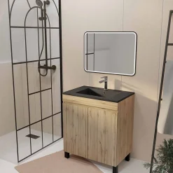 Aurlane Meuble de salle de bains 70cm TIMBER Décor Chêne Naturel à Portes Vasque Noire et Miroir LED 70x50