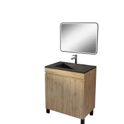 Aurlane Meuble de salle de bains 70cm TIMBER Décor Chêne Naturel à Portes Vasque Noire et Miroir LED 70x50