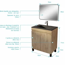 Aurlane Meuble de salle de bains 70cm TIMBER Décor Chêne Naturel à Portes Vasque Noire et Miroir LED 70x50