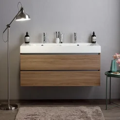 Kiamami Valentina Meuble De Salle De Bains Suspendu 120Cm Avec Tiroirs En Chêne Naturel Soft Close Et Double Lavabo - Valentina* Ensemble Meuble De Salle De Bains