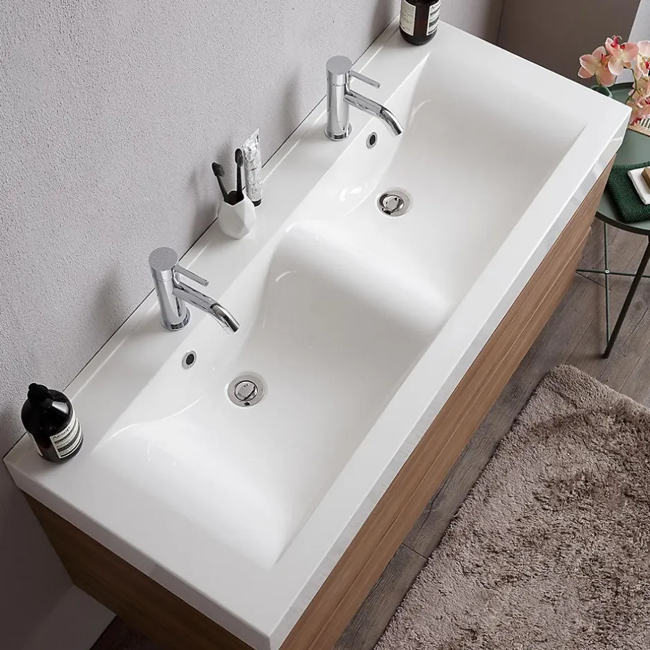 Kiamami Valentina Meuble De Salle De Bains Suspendu 120Cm Avec Tiroirs En Chêne Naturel Soft Close Et Double Lavabo - Valentina* Ensemble Meuble De Salle De Bains