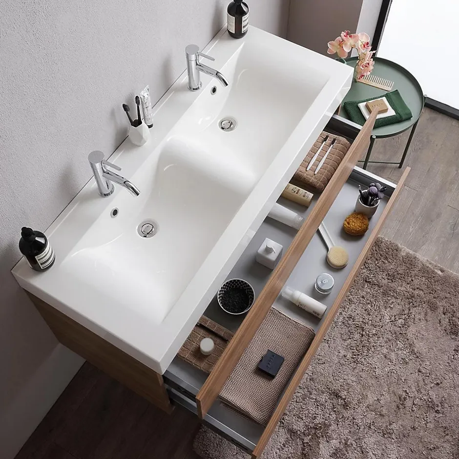 Kiamami Valentina Meuble De Salle De Bains Suspendu 120Cm Avec Tiroirs En Chêne Naturel Soft Close Et Double Lavabo - Valentina* Ensemble Meuble De Salle De Bains