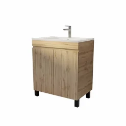Aurlane Meuble de salle de bains 70 cm TIMBER - Décor Chêne Naturel à portes avec Vasque céramique blanche* Meuble Vasque