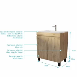 Aurlane Meuble de salle de bains 70 cm TIMBER - Décor Chêne Naturel à portes avec Vasque céramique blanche* Meuble Vasque