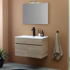 Kiamami Valentina Meuble De Salle De Bains Suspendu Chêne Marron 80Cm, Lavabo Et Miroir 80X60 Silvia