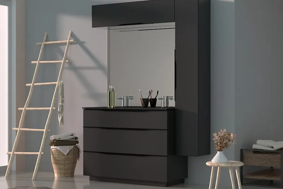 Meuble de salle de bains haut gris anthracite brillant l.120 x H.30 x P.30 cm, Pamili