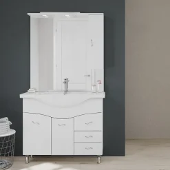 Kiamami Valentina Meuble De Salle De Bains Classique Blanc De 106 Cm Avec Lavabo, Miroir Et Meuble Suspendu.