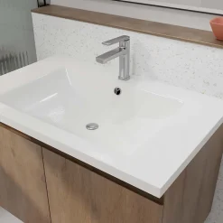 Aurlane Meuble de salle de bains 75cm à Suspendre Décor Bois Clair - 2 Portes - Vasque Blanche - ELEMENTARY* Meuble Vasque