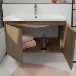 Aurlane Meuble de salle de bains 75cm à Suspendre Décor Bois Clair - 2 Portes - Vasque Blanche - ELEMENTARY* Meuble Vasque