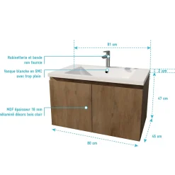 Aurlane Meuble de salle de bains 80cm à Suspendre Décor Bois Clair - 2 Portes - Vasque Blanche - ELEMENTARY