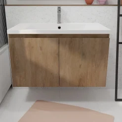 Aurlane Meuble de salle de bains 80cm à Suspendre Décor Bois Clair - 2 Portes - Vasque Blanche - ELEMENTARY