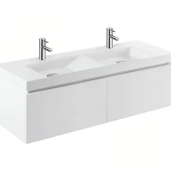 Sanindusa Meuble de salle de bains suspendu blanc 2 tiroirs blanc pour Vasque Vista 140 (vasque, mitigeur et vidage non inclus)