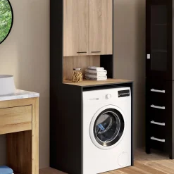 IDMarket Meuble dessus de machine à laver WALLIS avec placard noir et bois façon hêtre* Armoire De Salle De Bains