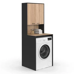 IDMarket Meuble dessus de machine à laver WALLIS avec placard noir et bois façon hêtre* Armoire De Salle De Bains