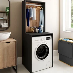 IDMarket Meuble dessus machine à laver avec penderie WALLIS noir et bois façon hêtre