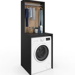 IDMarket Meuble dessus machine à laver avec penderie WALLIS noir et bois façon hêtre