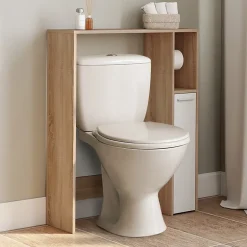 IDMarket Meuble dessus WC WALLIS avec placard façon hêtre et blanc