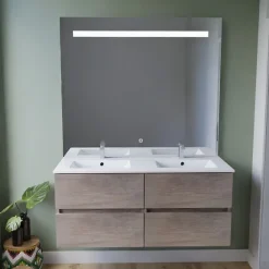 Cuisibane Meuble double vasque 120 cm ROSALY INOX + miroir Elégance ht105- Bois- Plan vasque en Céramique