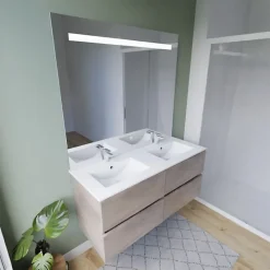 Cuisibane Meuble double vasque 120 cm ROSALY INOX + miroir Elégance ht105- Bois- Plan vasque en Céramique