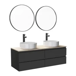 Mob-In Meuble double vasque 120cm avec plan bois SORRENTO Blanc+vasque+robinet+miroir* Ensemble Meuble De Salle De Bains
