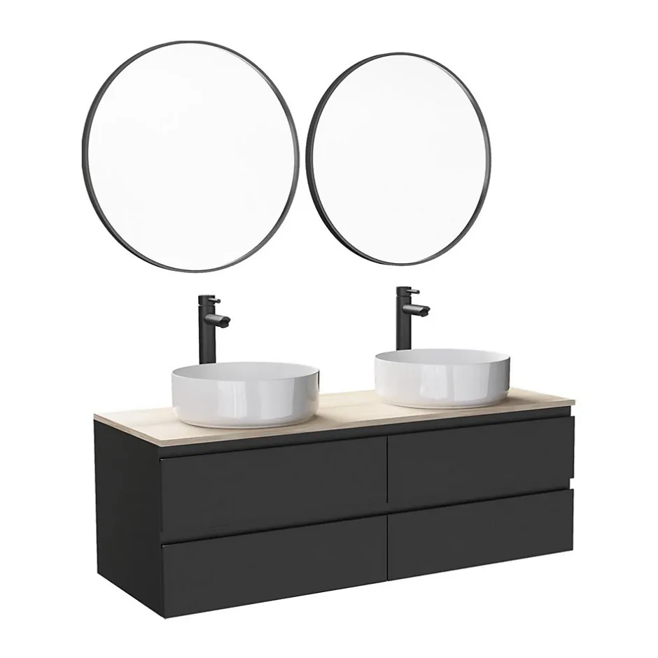 Mob-In Meuble double vasque 120cm avec plan bois SORRENTO Blanc+vasque+robinet+miroir* Ensemble Meuble De Salle De Bains