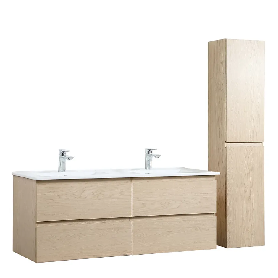Mob-In Meuble double vasque 120cm avec plan céramique SORRENTO Décor chêne + colonne