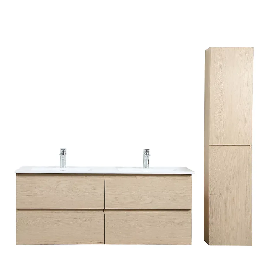 Mob-In Meuble double vasque 120cm avec plan céramique SORRENTO Décor chêne + colonne