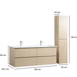 Mob-In Meuble double vasque 120cm avec plan céramique SORRENTO Décor chêne + colonne