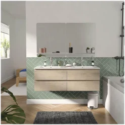 Mob-In Meuble double vasque 120cm avec plan céramique SORRENTO Décor chêne + miroir* Ensemble Meuble De Salle De Bains