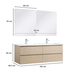 Mob-In Meuble double vasque 120cm avec plan céramique SORRENTO Décor chêne + miroir* Ensemble Meuble De Salle De Bains