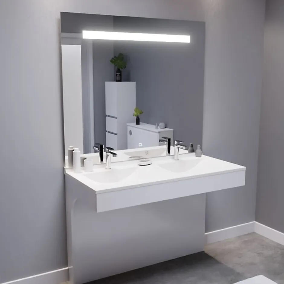 Cuisibane Meuble double vasque PMR EPURE 120 cm avec miroir led Elégance ht105 - Blanc brillant